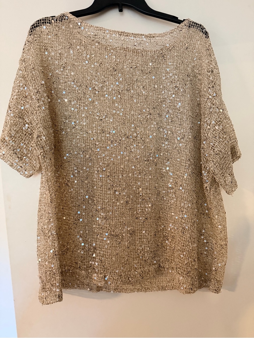 Sequin Knit Short-Sleeve Top - Beige